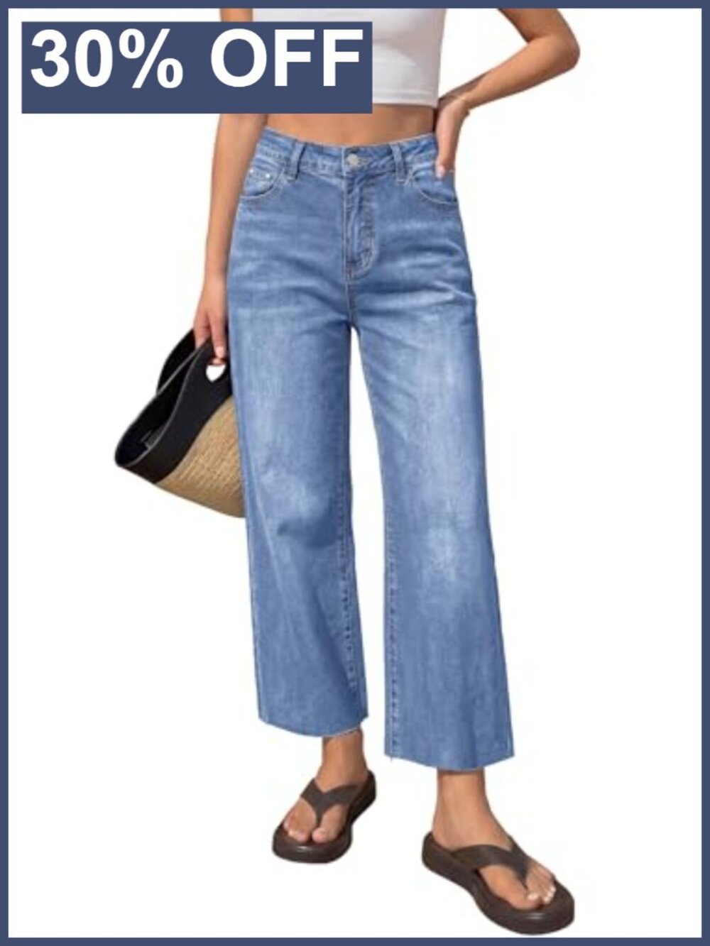 High Waisted Straight Leg Cropped Jeans with Raw Hem and Pockets